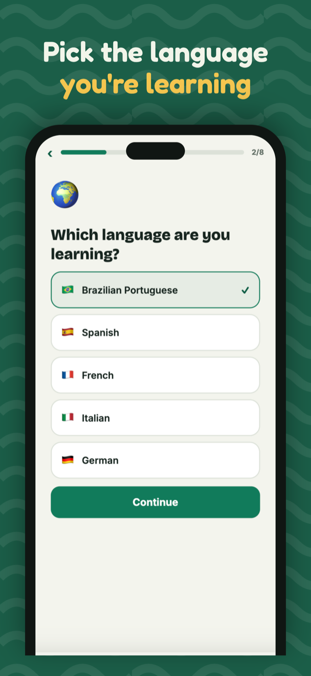 Language choice screen: Spanish, French, German, Italian or Brazilian Portuguese