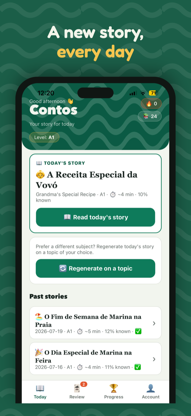 Contos Today screen with the day's story ready to read