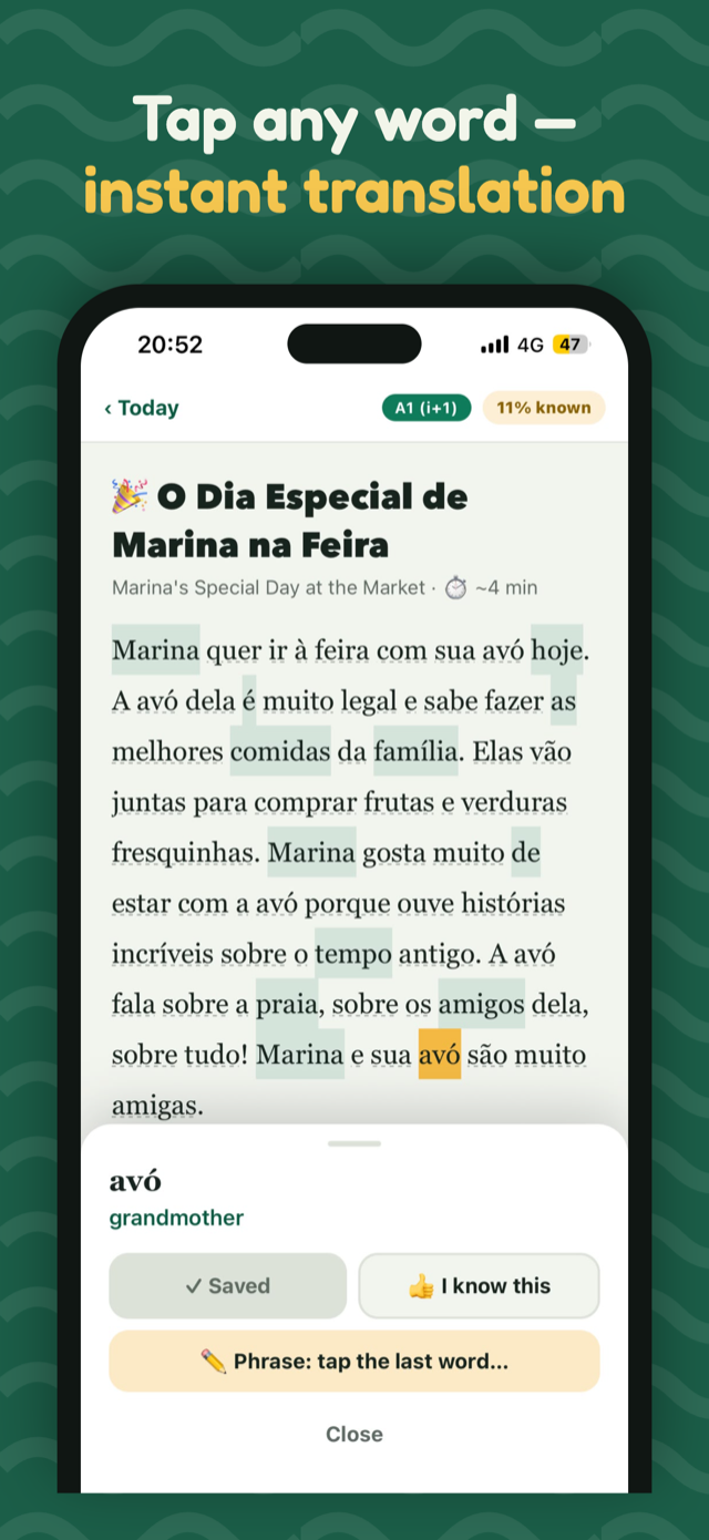 Story reader with tap-to-translate glosses