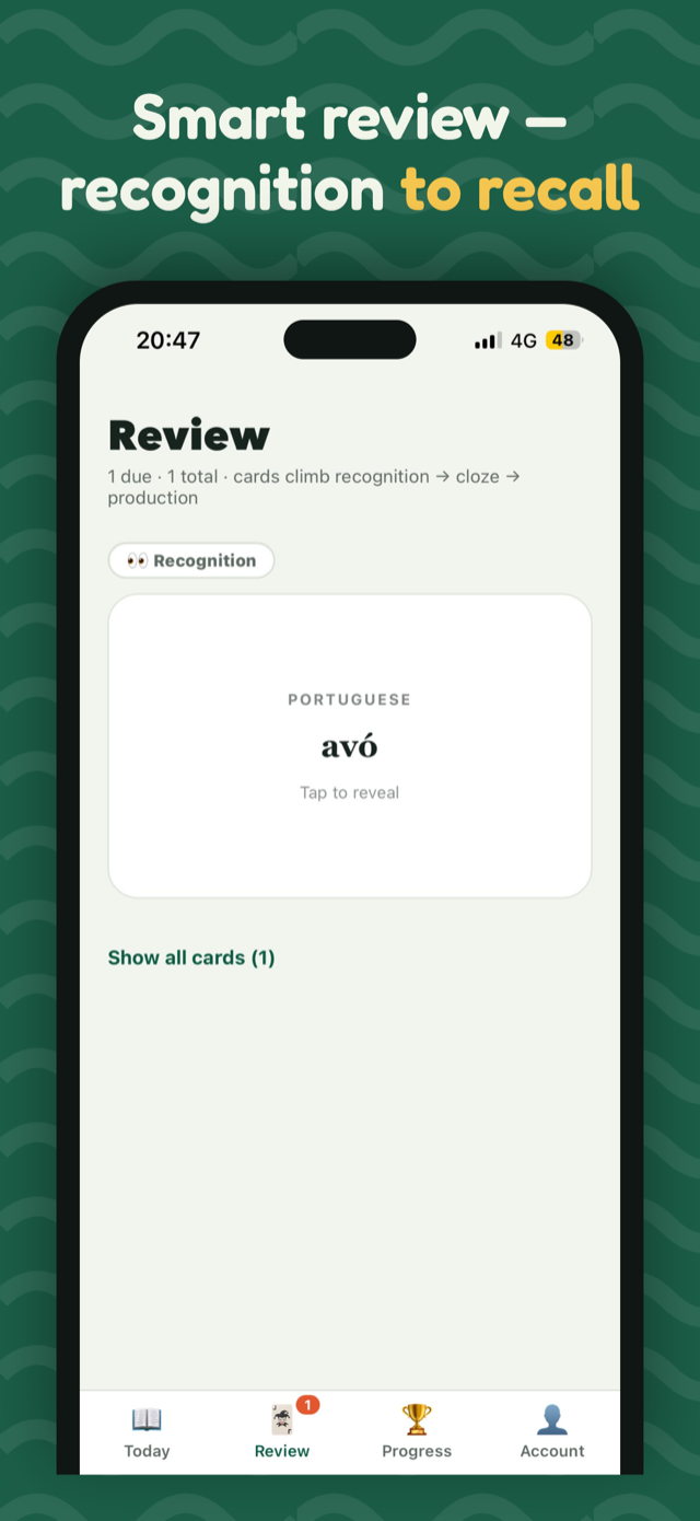 Smart flashcard review with spaced repetition