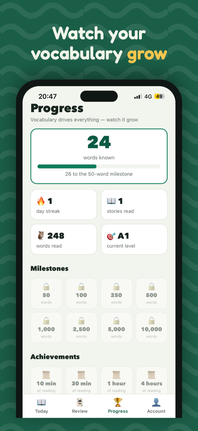 Progress screen with streaks and the CEFR journey trail